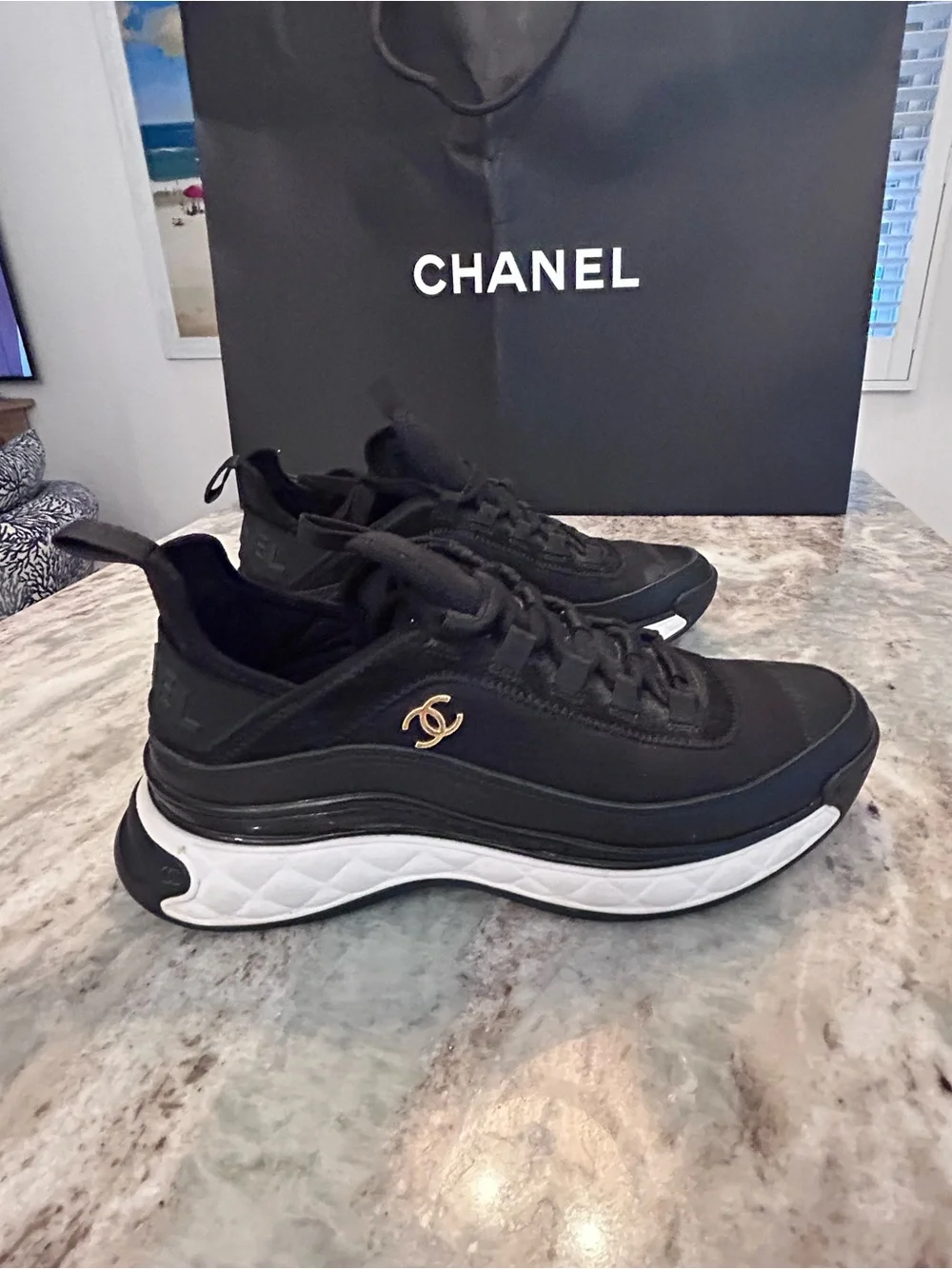 CHANEL Black Leather Sneaker, Gold CC Accent,White quilted platform Sole391/2